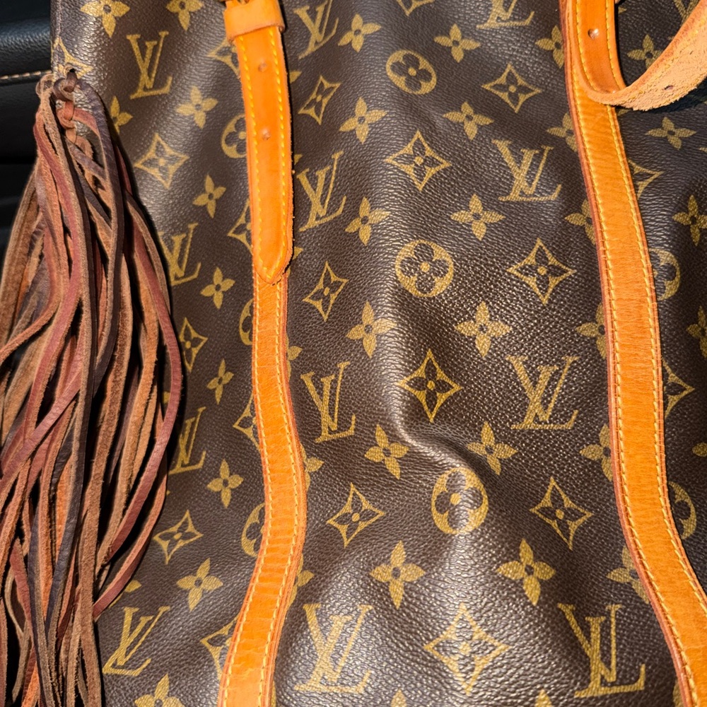 Luxury Brown and Tan Monogram Fringe Shoulder Bag - Picture 8 of 9